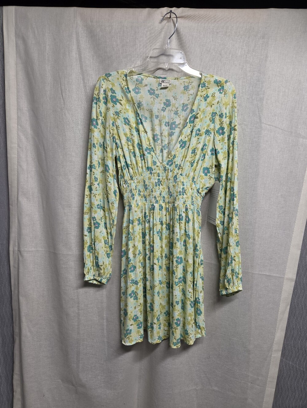 Rare Billabong Floral V-Neck Long Sleeve Mini Dress - Yellow/Teal